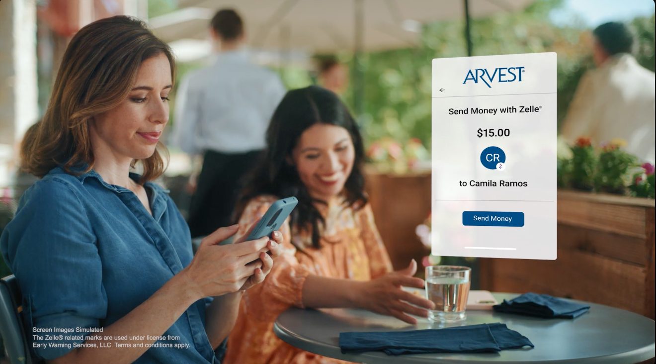 Reference: an app card floating beside two women at a cafe table