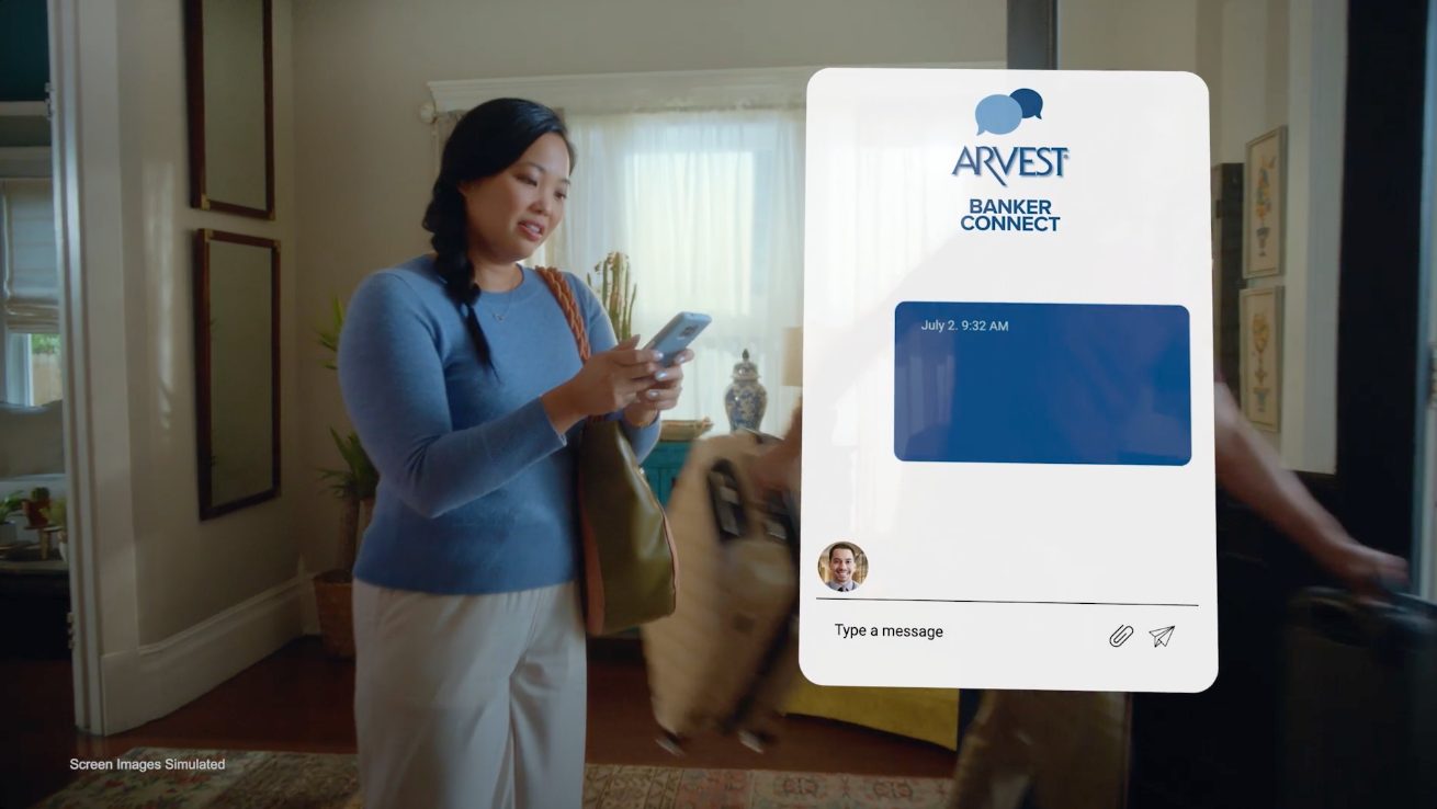 Reference: an app card floating beside a woman arriving home