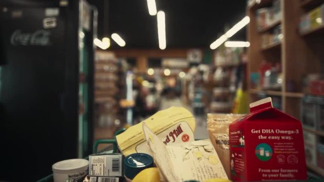 A grocery cart full of bread and groceries